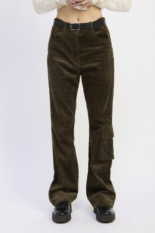 Front view of Everlee Olive Corduroy Pants showing straight leg silhouette