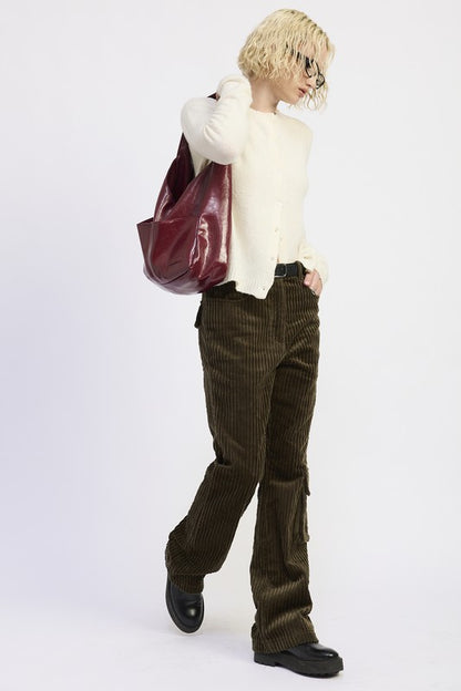 Side view close up of Everlee Olive Corduroy Pants pocket detail