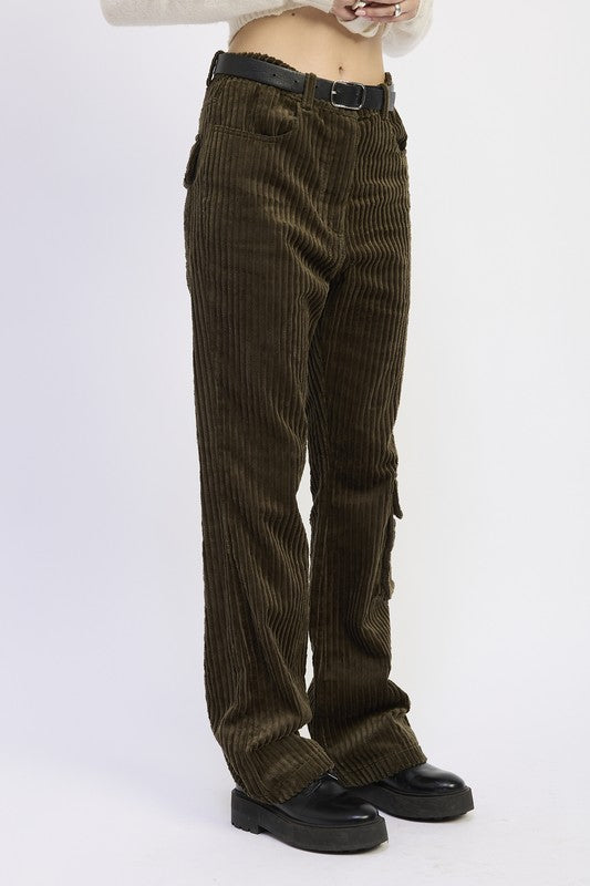 Side view of Everlee Olive Corduroy Pants highlighting relaxed wide leg