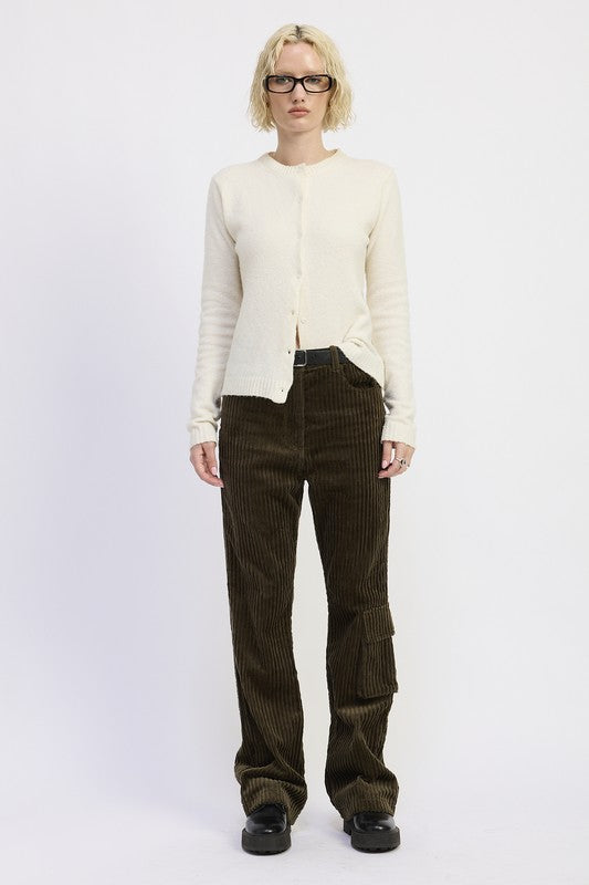 Full body side angle of Everlee Olive Corduroy Pants with relaxed wide leg fit