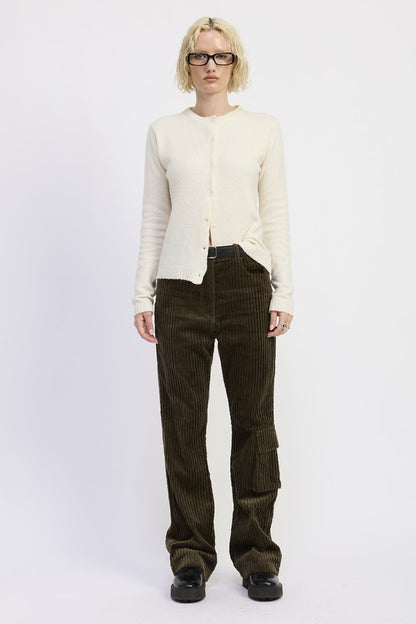 Full body side angle of Everlee Olive Corduroy Pants with relaxed wide leg fit