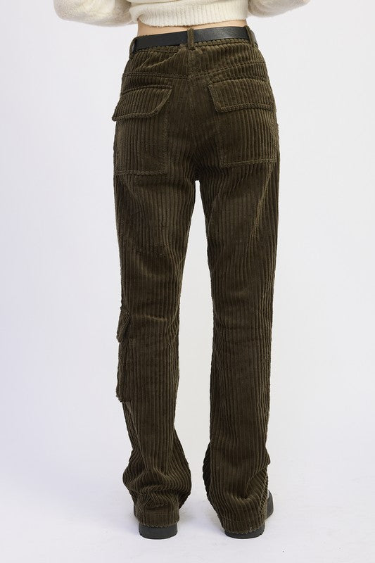Back view of Everlee Olive Corduroy Pants showing full length fit