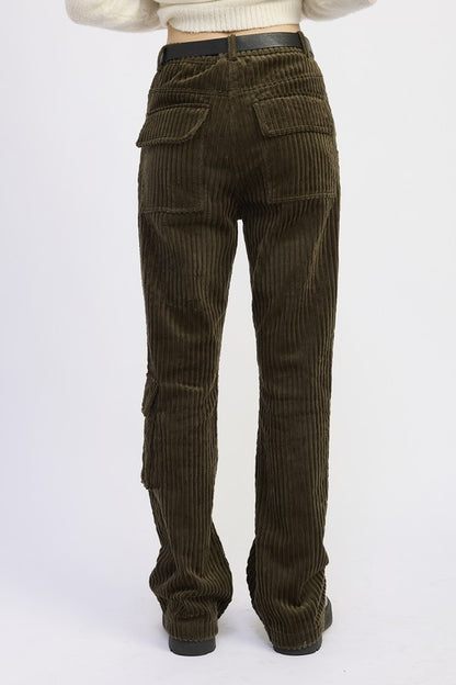 Back view of Everlee Olive Corduroy Pants showing full length fit