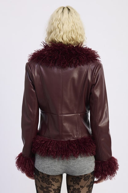 Back view of Yazmin Mix Media Jacket in burgundy with faux fur collar and hemline