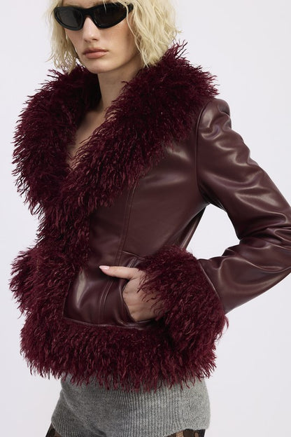Side view of Yazmin Fur and Faux Leather Jacket in burgundy showing mix media contrast