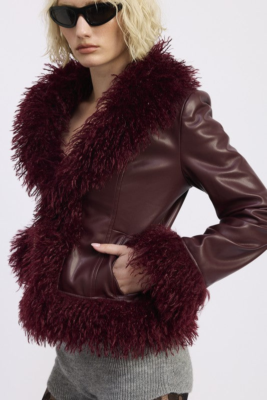 Side view of Yazmin Fur and Faux Leather Jacket in burgundy showing mix media contrast