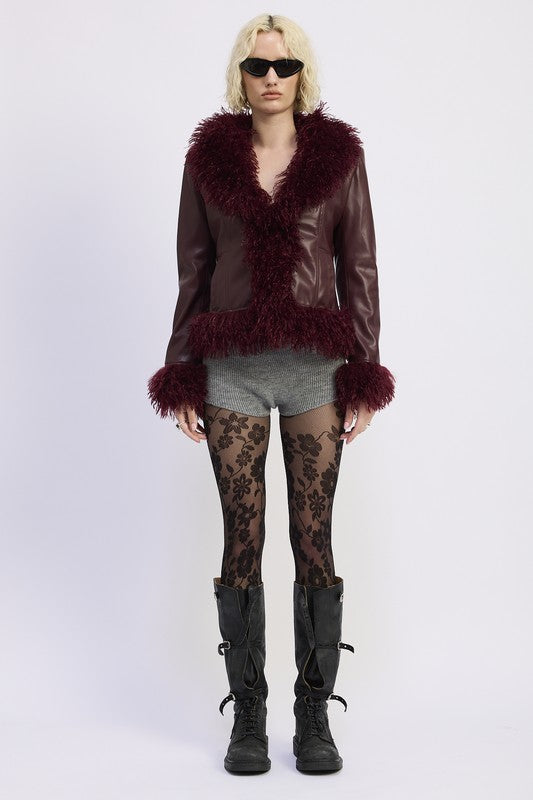 Full body view of Yazmin Burgundy Mix Media Jacket with faux fur trim and glossy leather body