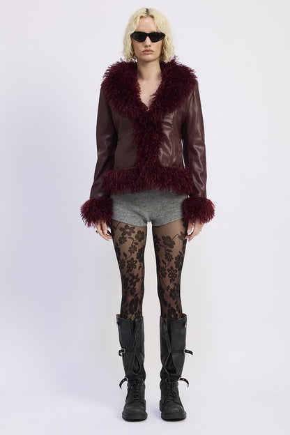 Full body view of Yazmin Burgundy Mix Media Jacket with faux fur trim and glossy leather body