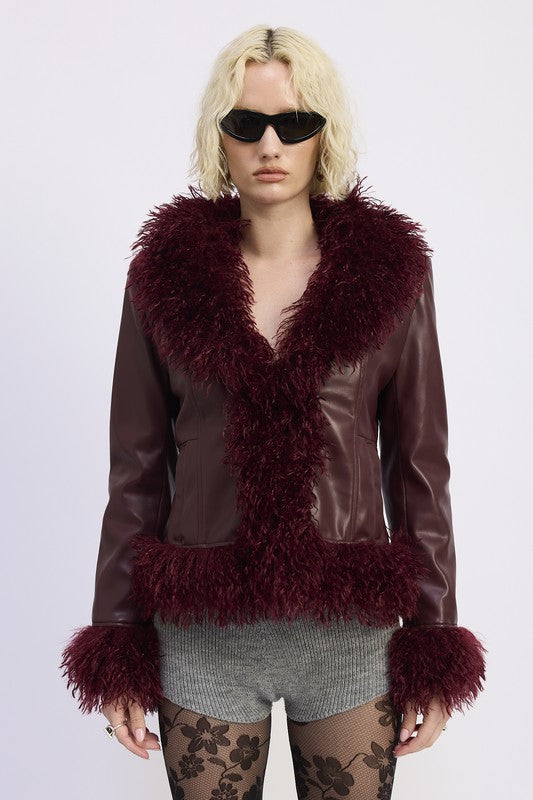 Front view of Yazmin Mix Media Jacket in burgundy with faux fur collar, cuffs, and hem