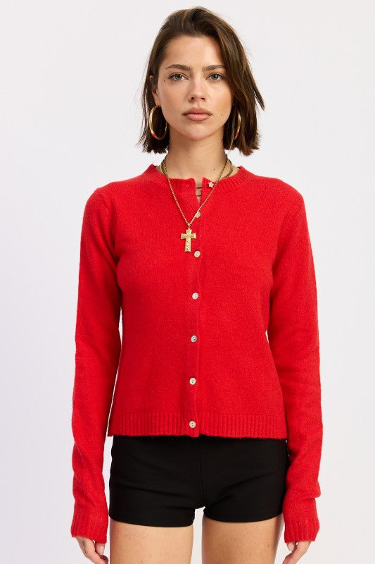 Cleo Red Button Up Cardigan fitted front view.