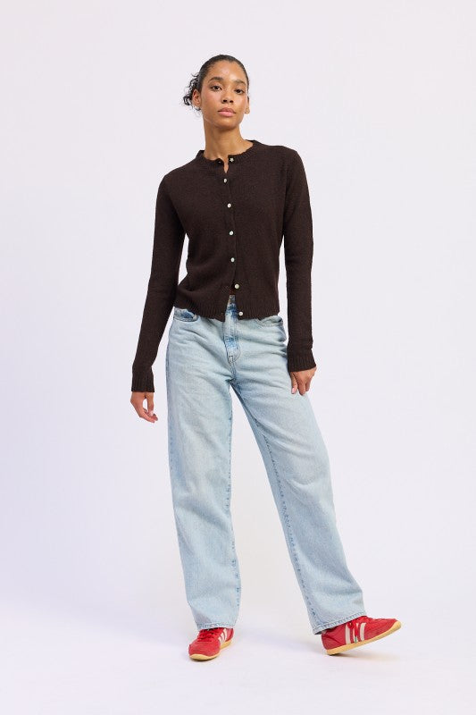Cleo Chocolate Button Up cardigan ribbed hem sleeve.