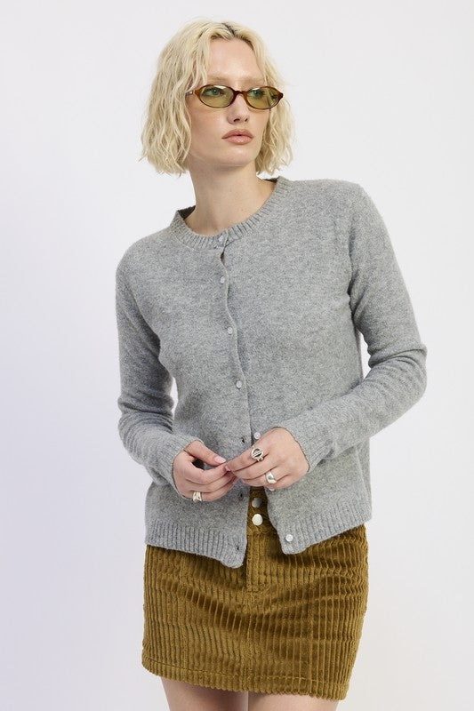 Cleo Fitted Button Up Cardigan Heather Gray front view.