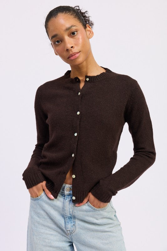 Cleo Chocolate Button Up Cardigan fitted front view.