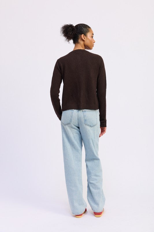 Cleo Chocolate cardigan back view fitted ribbed knit.