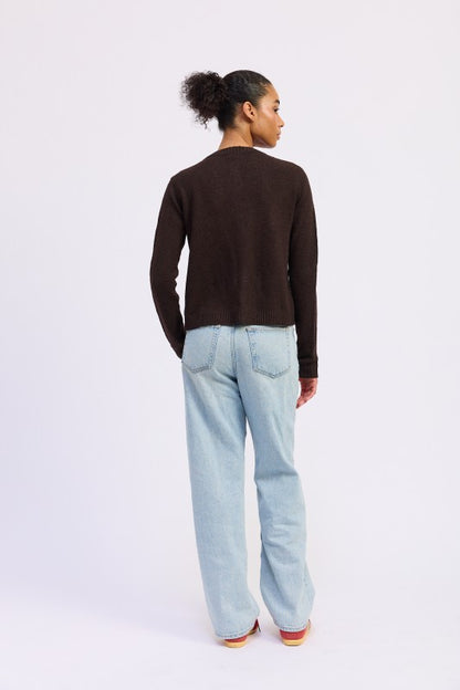 Cleo Chocolate cardigan back view fitted ribbed knit.