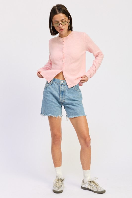 Cleo Light Pink cardigan ribbed hem and sleeve detail.