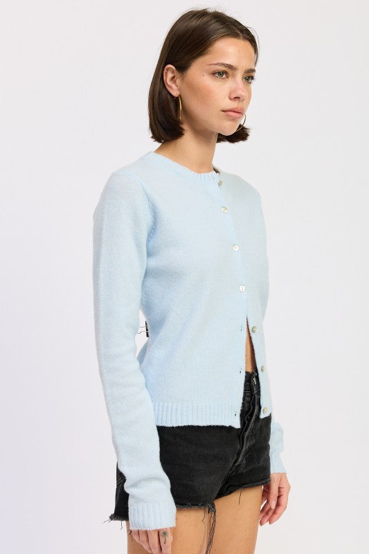 Cleo Baby Blue cardigan fitted silhouette side profile.