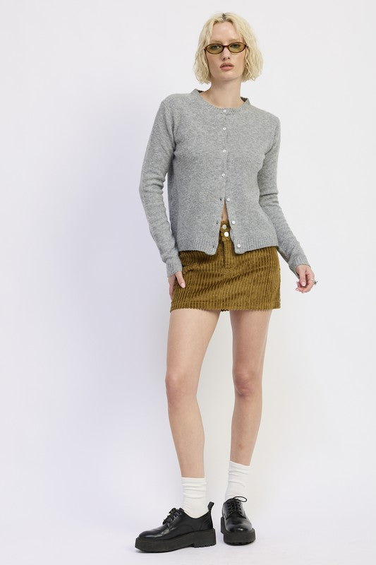 Cleo Fitted Heather Gray cardigan front button style.