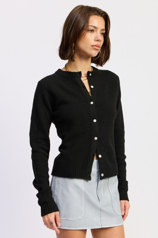 Cleo Black fitted cardigan side angle long sleeves.
