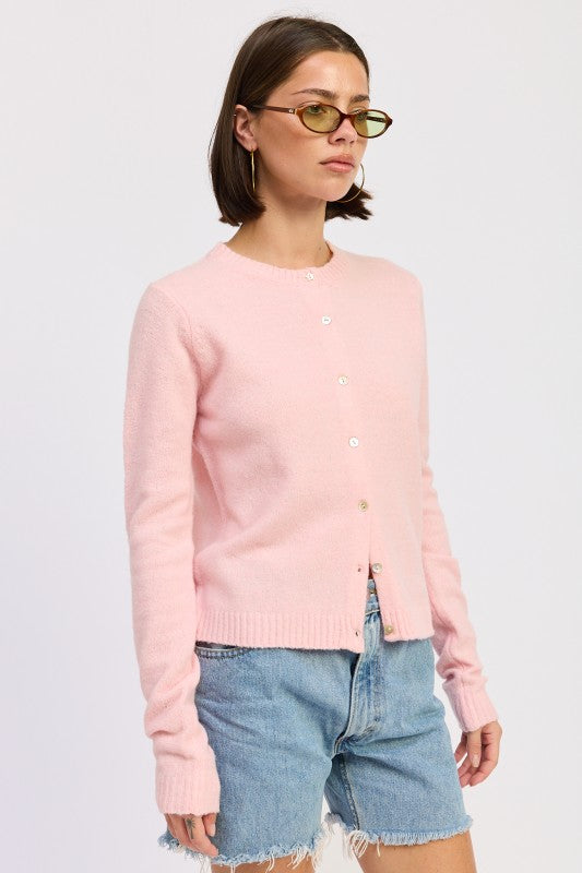 Cleo Light Pink cardigan side angle ribbed cuffs hem.