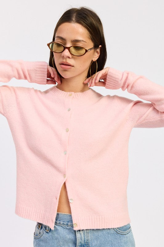 Cleo Light Pink cardigan round neckline sweater knit.