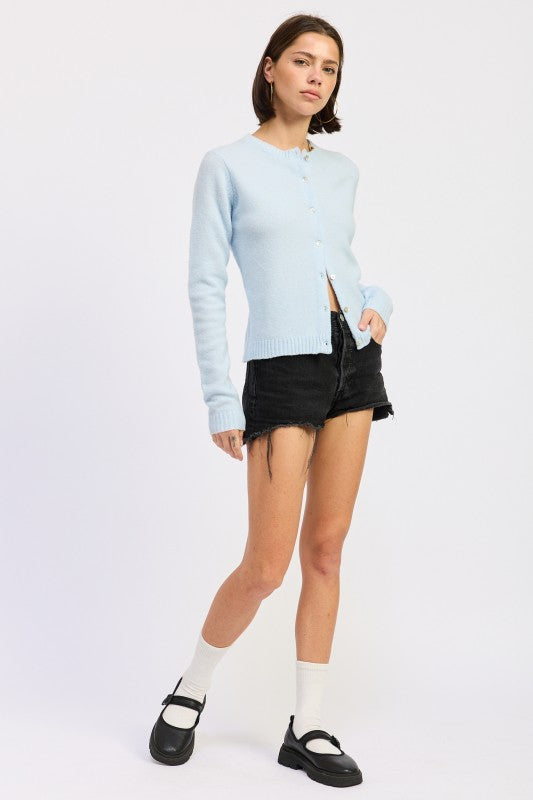 Cleo Baby Blue cardigan round neck sweater knit style.