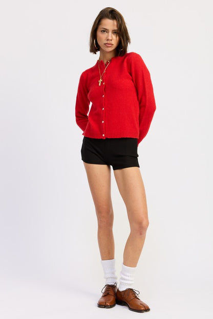 Cleo Red Button Up cardigan ribbed hem sleeve detail.