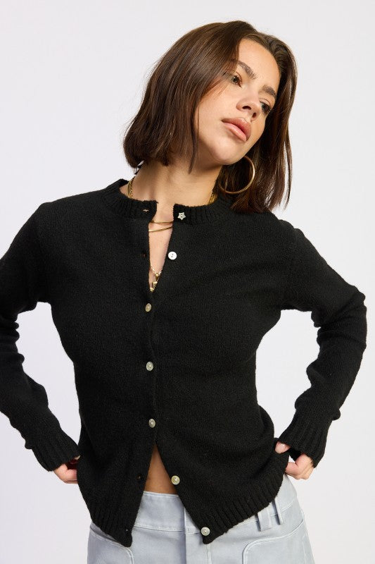 Cleo Black cardigan round neck sweater knit style.