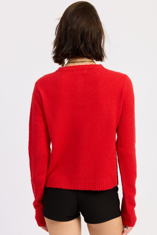 Cleo Red cardigan back view ribbed knit fitted look.