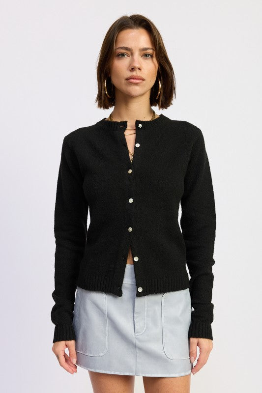 Cleo Black Fitted Button Up Cardigan front view, ribbed trim, sleek style.