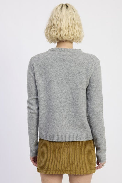Cleo Heather Gray cardigan back angle ribbed cuffs hem.