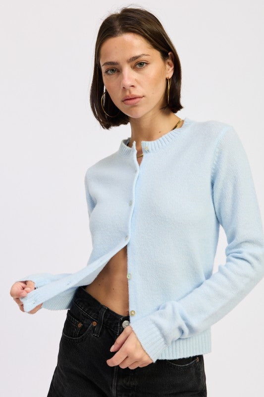 Cleo Baby Blue Button Up Cardigan fitted front view.