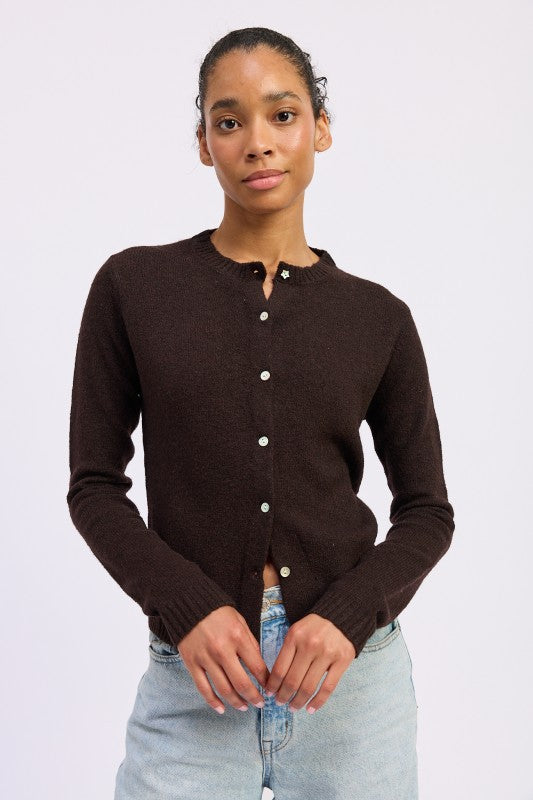 Cleo Chocolate fitted cardigan front angle long sleeves.