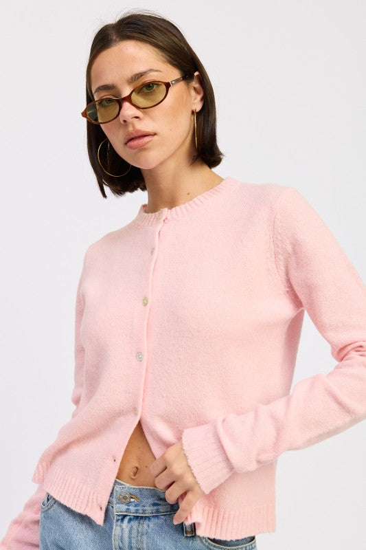 Cleo Light Pink Button Up Cardigan fitted front view.