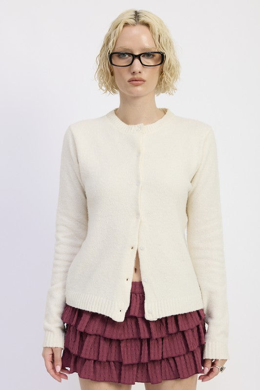 Cleo Button Up Cardigan Off White front view fitted.