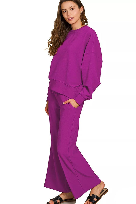 Jenny Ribbed Light Plum Pullover with Drawstring Pants side angle look.
