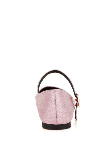 Back view of pink glitter ballerinas with flat heel and secure strap design.