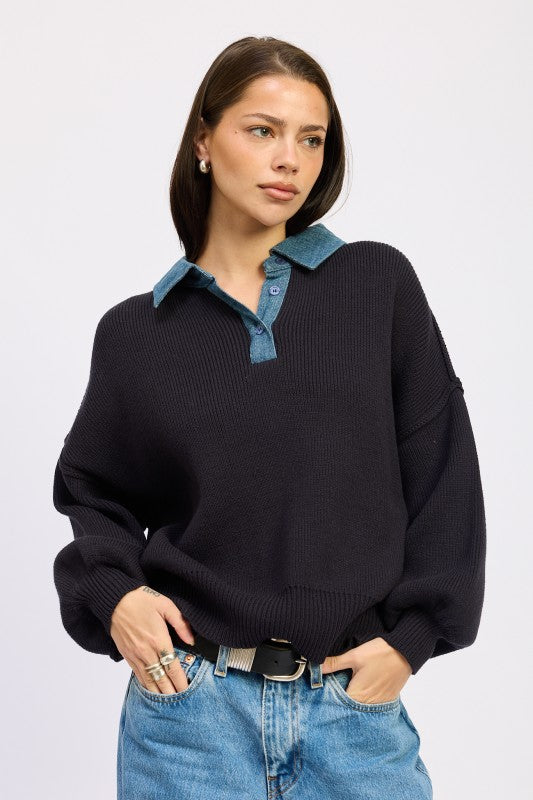 Ada Contrasted Oversize Sweater in navy with denim collar and relaxed fit.
