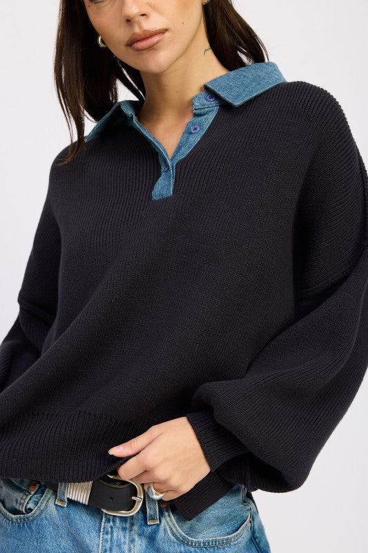 Ada Contrasted Oversize Sweater navy knit with denim collar and button detail.