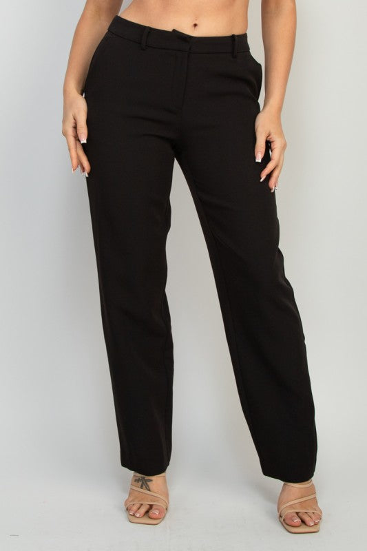 Black straight leg dress pants, midrise waist with stretch, paired in a tailored pantsuit set.
