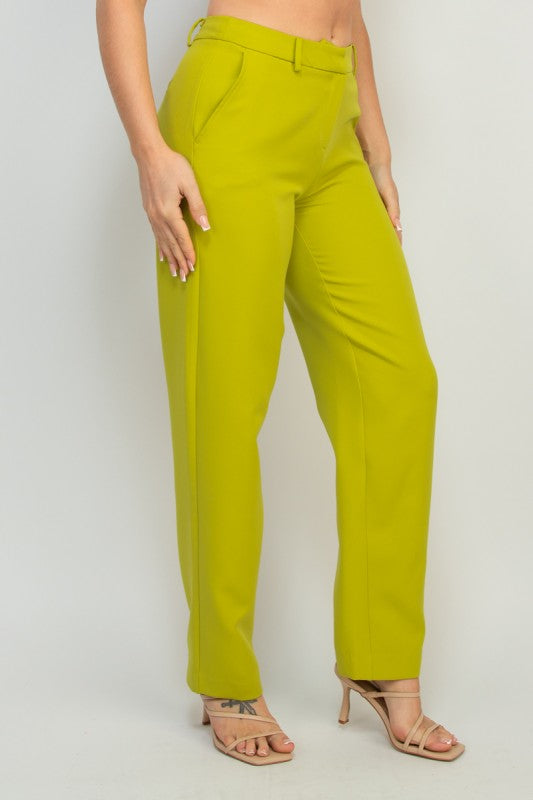 Bright lime pantsuit set with midrise straight leg pants, tailored stretch fit for modern style.