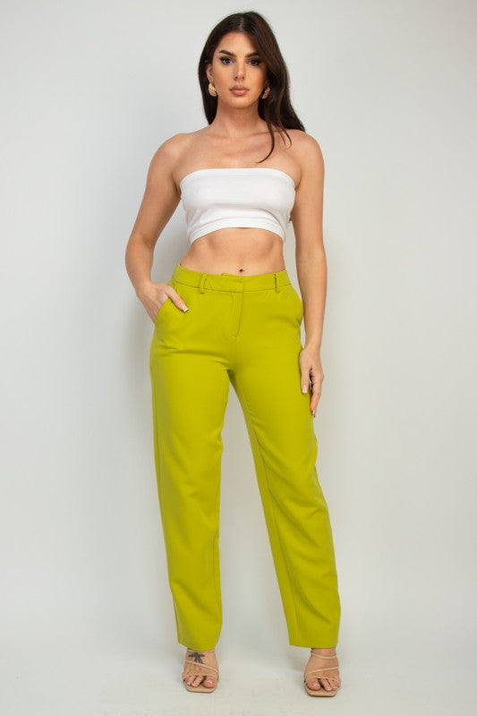 Lime green midrise dressy pants with side pockets, paired in matching button front blazer set.