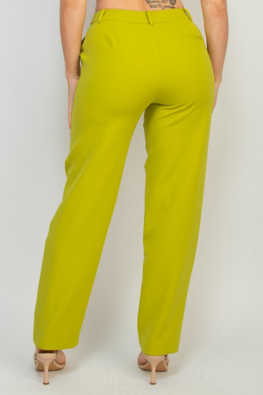 Back view of lime dress pants, midrise waistline and straight leg cut with stretch for comfort.