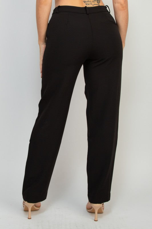 Back view of black dress pants, midrise fit with straight silhouette and tailored stretch comfort.