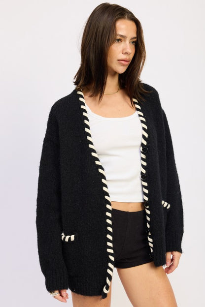 Londyn Trim Cardigan front view with relaxed fit and long sleeves
