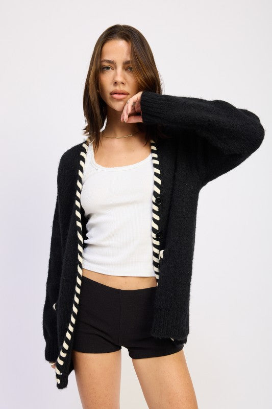 Londyn Trim Cardigan front view highlighting bold contrasting trim detail