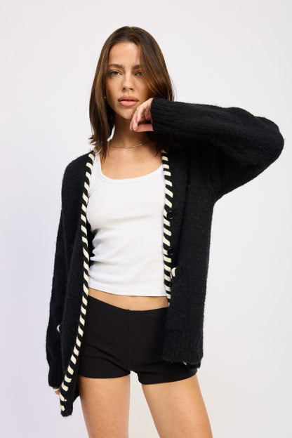 Londyn Trim Cardigan front view highlighting bold contrasting trim detail