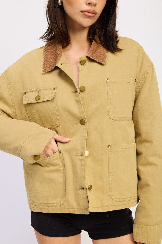 Taylor Utility Jacket khaki close up showing brass snaps and collar detail