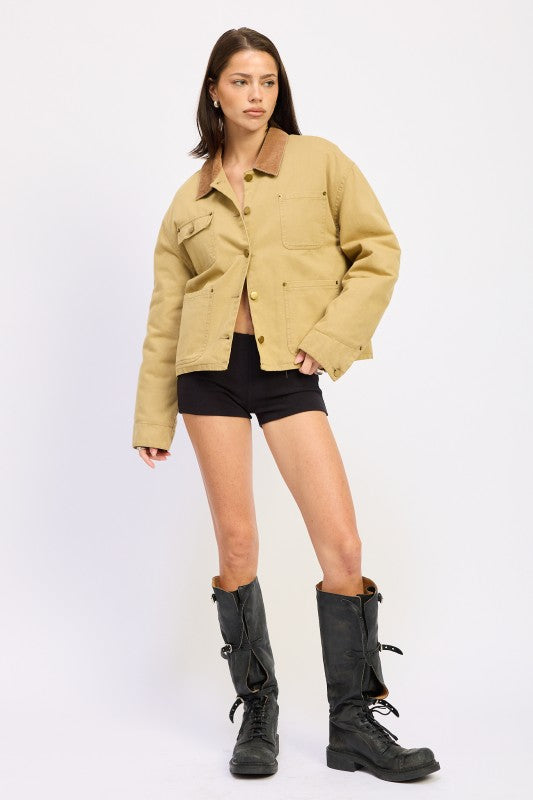 Taylor Utility Jacket khaki full body styled with black shorts and tall boots