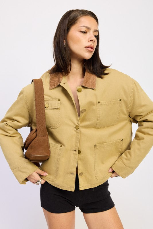 Taylor Utility Jacket khaki front view with contrast collar and pockets